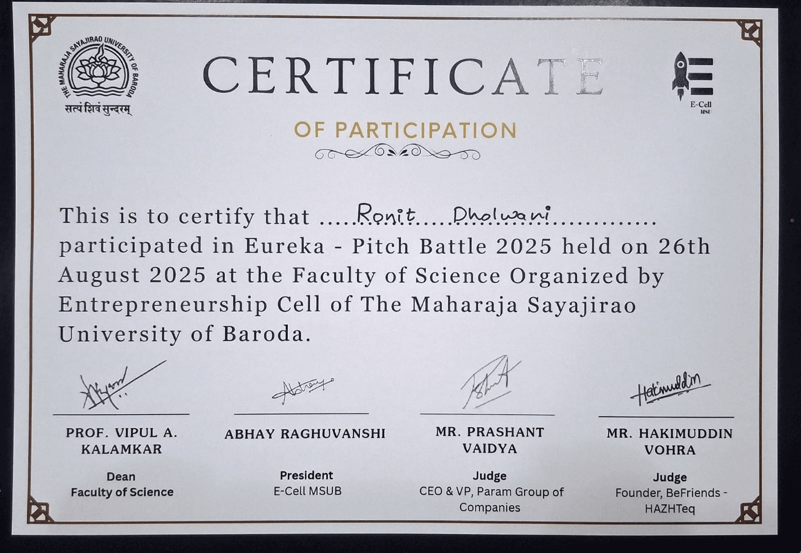 Eureka Pitch Battle certificate