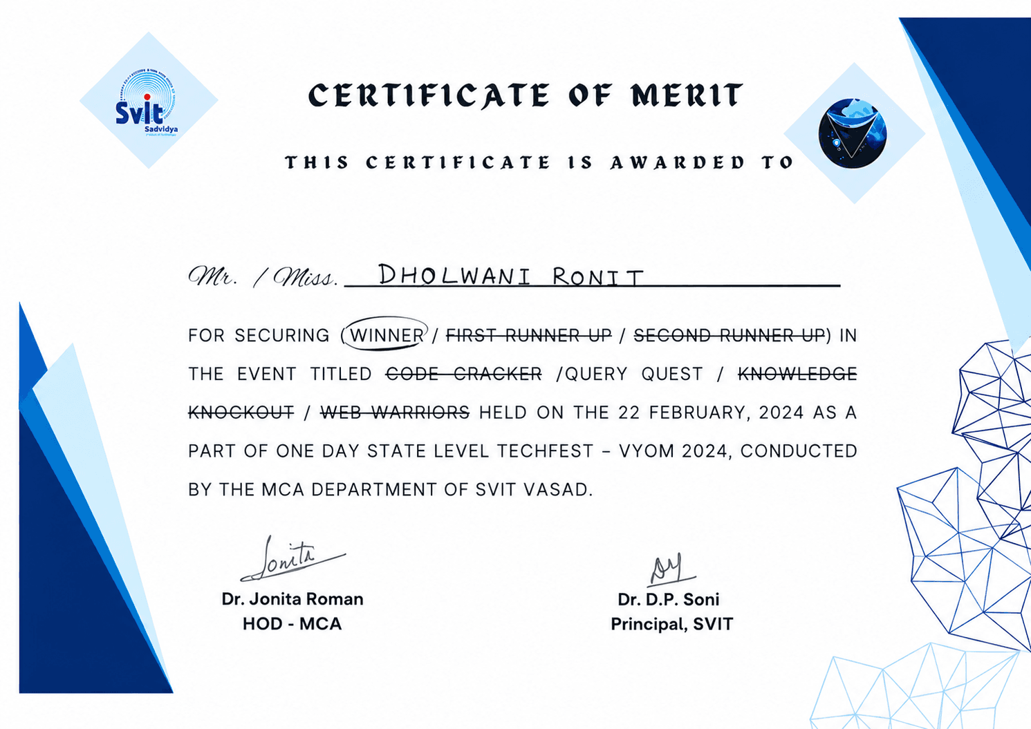 1st Position certificate