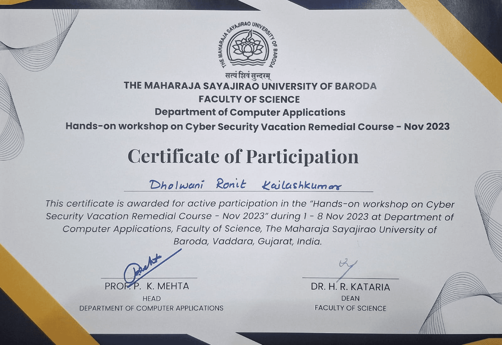 Cyber Security Workshop certificate