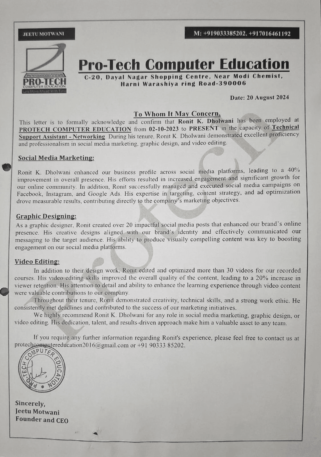 Experience Letter certificate