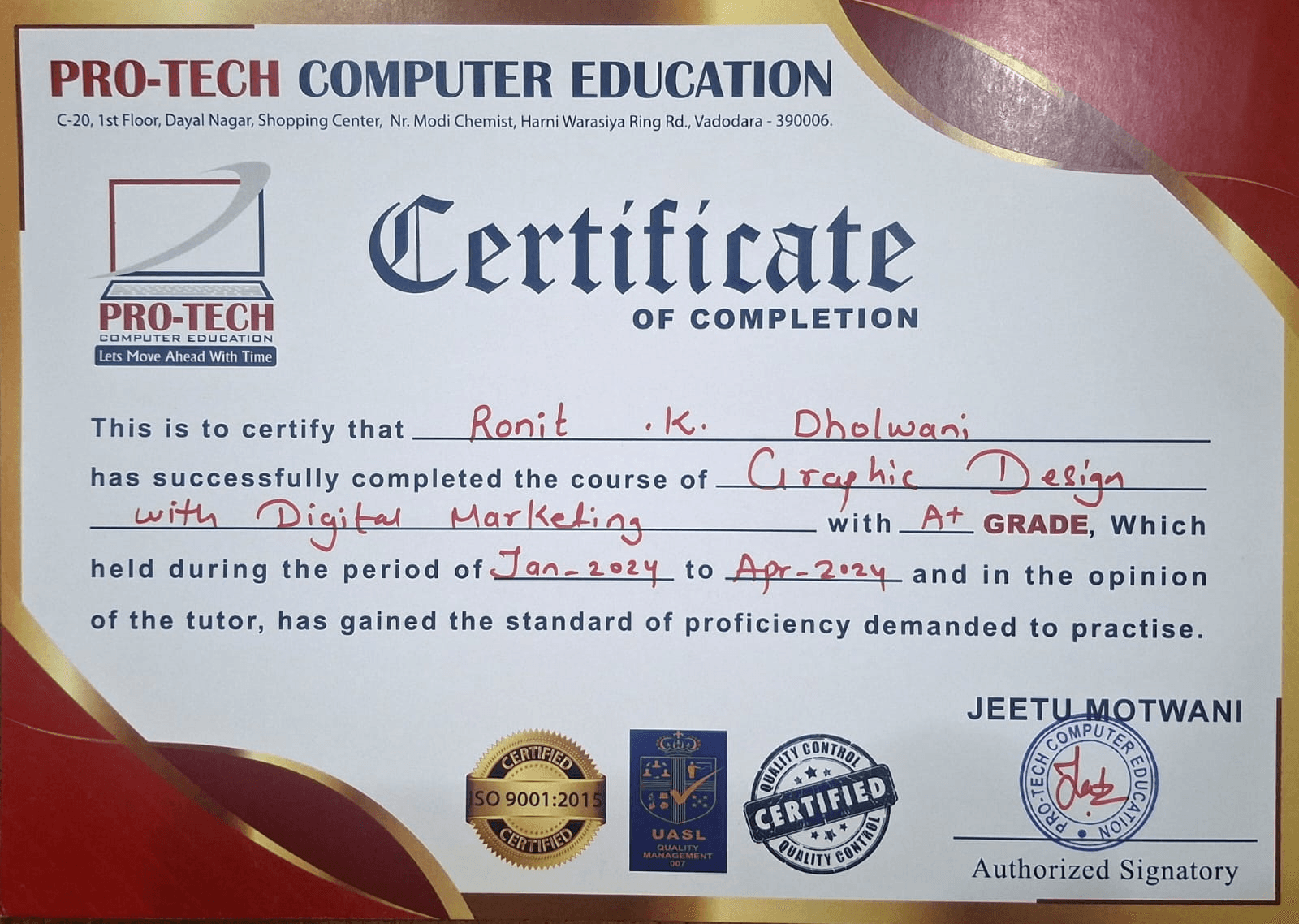 Graphical Design & Digital Marketing Certification certificate