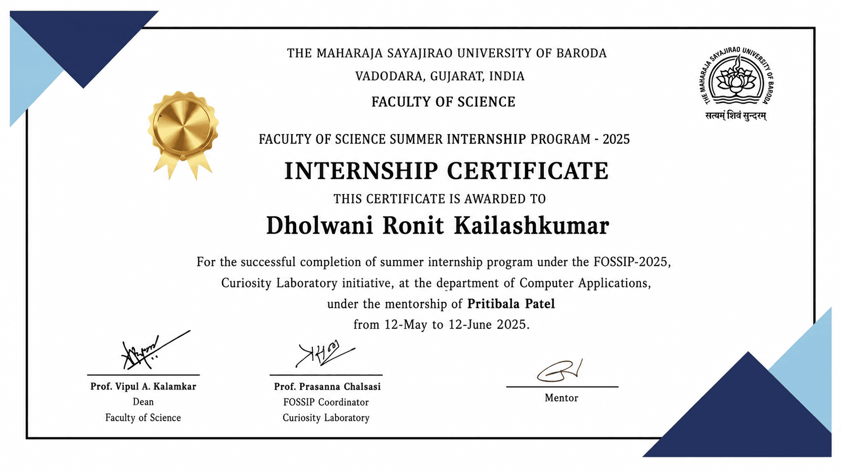 FOSSIP Internship Certification certificate